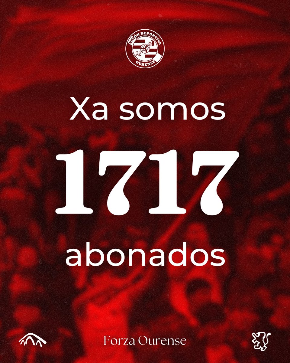 Ourense ten ganas do Ourense. 

Xa somos máis de 1700 almas vermellas. 

Ourensanistas, vémonos o domingo no templo!

🔗udourense.com/abonos-25-26/