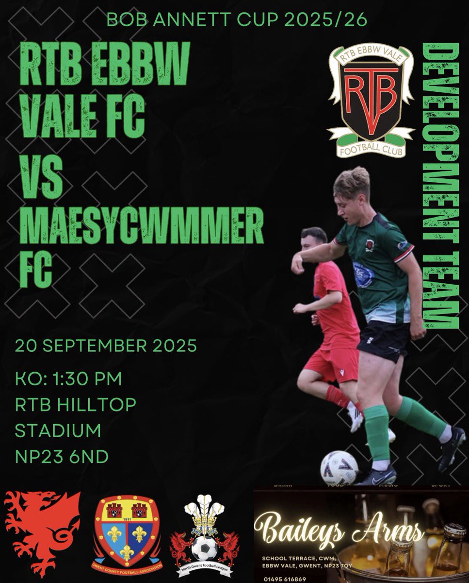 This weekend the Development welcome Maesycwmmer to the Hilltop Stadium, this time in the Bob Annett cup💚

Match sponsored by: The Baileys Arms

🆚 Maesycwmmer FC
🗓️ Saturday 20th Sep 2025
⏰ 13:30
🏟️ RTB Hilltop Stadium