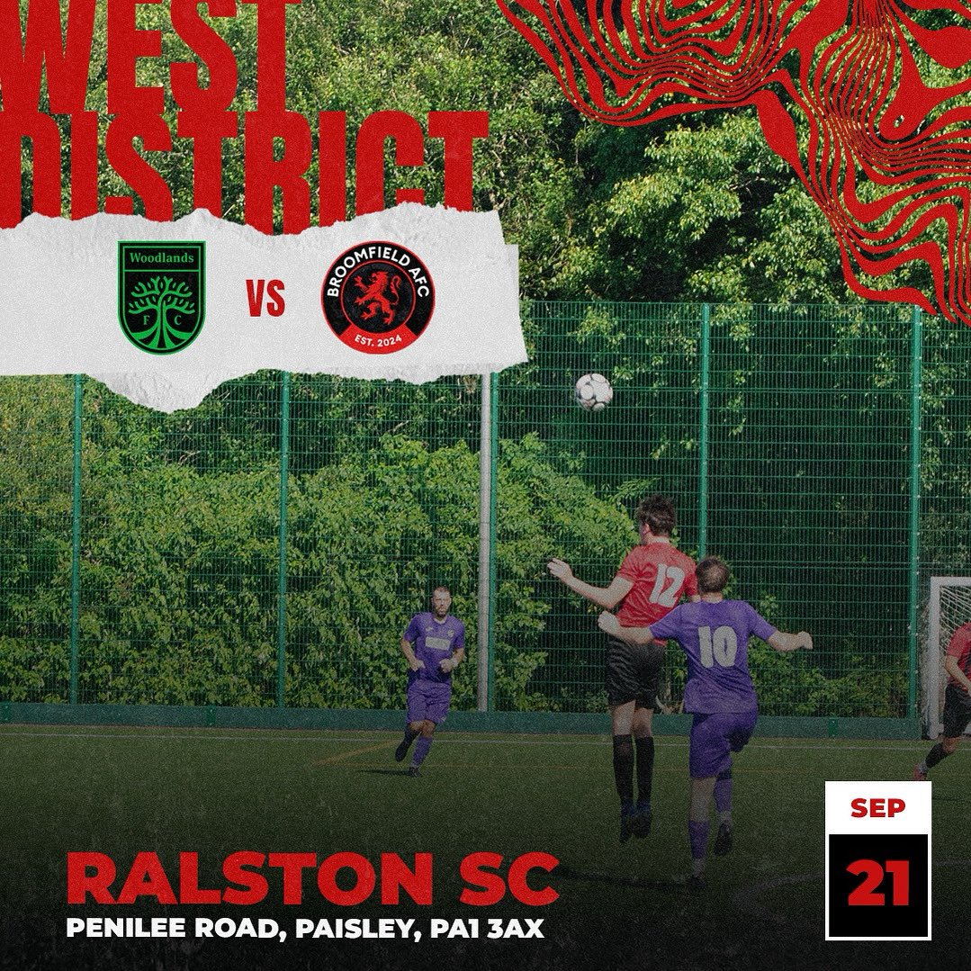 West District Cup 
Round 1

Woodlands FC vs Broomfield AFC

Sunday 21st September, 1:15pm ko, Ralston Sports Centre, Penilee Road Paisley PA1 3AX

Encourage any support along to cheer on the boys👍🏼

MonTheBroomy⚫️🔴

<a href="/scottish_aff/">AmateurFixturesResultsSCO</a>