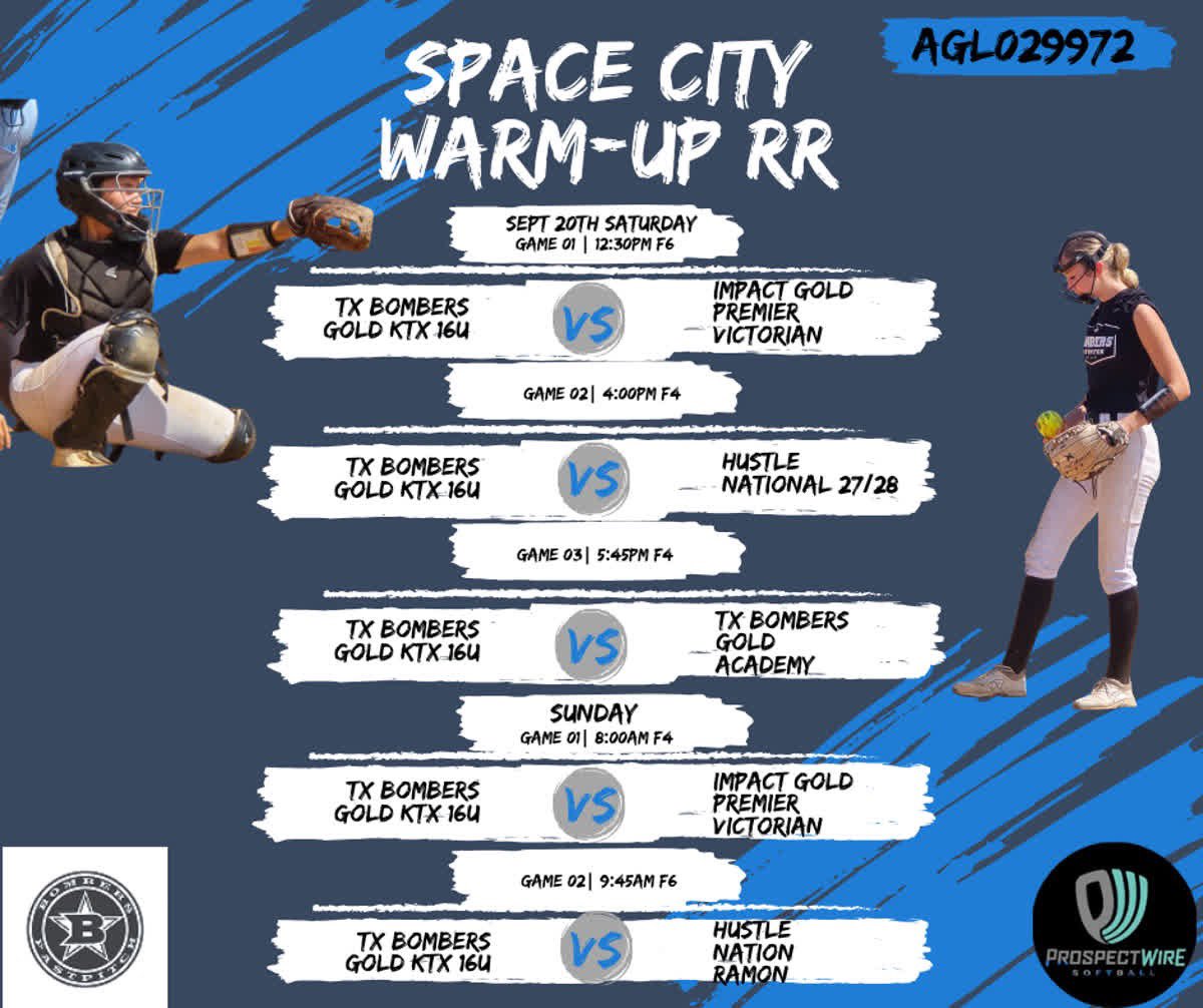 Texas Bombers Gold KTX (@bombersktx) on Twitter photo 🚀Space City Warm Up is up next…These girls are ready to go! Put this weekend on your schedule and check them out!
Watch on <a href="/AGLSoftball/">AthletesGoLive Softball</a> (AGL029972)
Game 1-
📅 September 20th
⏰ 12:30pm
📍 Field 6, Sugarland Field, 230 Matlage Way, Sugarland TX 77478
🆚 Impact Gold Premier 🚀Space City Warm Up is up next…These girls are ready to go! Put this weekend on your schedule and check them out!
Watch on <a href="/AGLSoftball/">AthletesGoLive Softball</a> (AGL029972)
Game 1-
📅 September 20th
⏰ 12:30pm
📍 Field 6, Sugarland Field, 230 Matlage Way, Sugarland TX 77478
🆚 Impact Gold Premier
