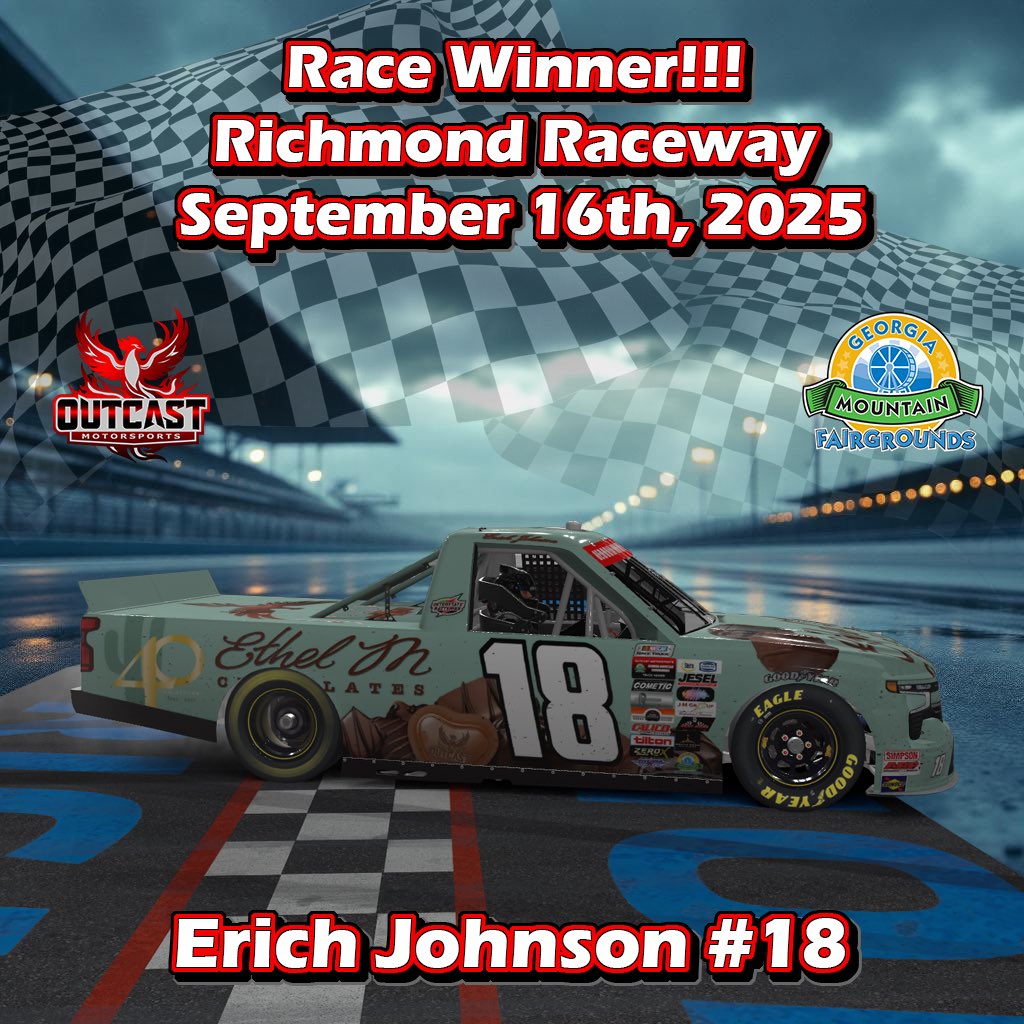 OutcastMS_'s tweet photo. # 18 Erich Johnson STILL at it with the wins! 😎🏁 Be sure to join us Thursday night for the Gen4’s at 9pm EST on Twitch and YouTube 🥳 

#ZeroXMedia #AutoAmerica #SendItOrEndIt #SertaSimmonsBedding #GeorgaMioutainFairground https://t.co/RC93kekbca