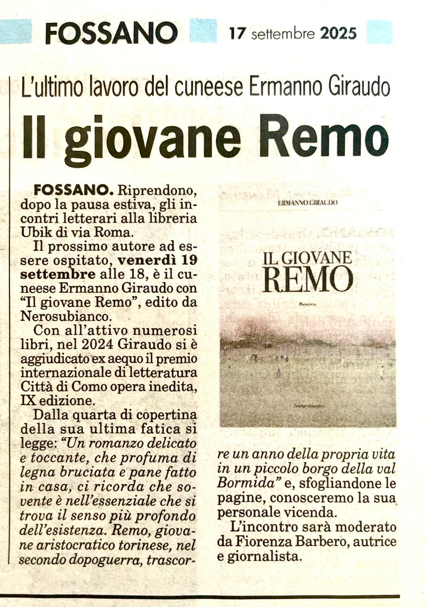 Venerdì 19 settembre ore 18 vi aspettiamo alla #Ubik di #Fossano per la presentazione del libro di #ErmannoGiraudo #IlGiovaneRemo edito da #Nerosubianco
#LaFedeltà