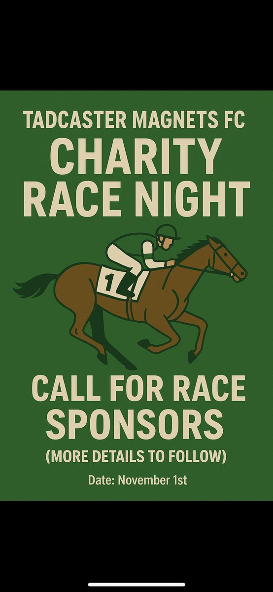 🚨 CHARITY RACE NIGHT IS BACK! 🚨

Join us Fri 1st Nov for Tadcaster Magnets FC Race Night 🎉
This year we’re raising funds for <a href="/andysmanclubuk/">#ANDYSMANCLUB</a> 💙

👉 We’re looking for sponsors &amp; prize donations!
Last year included: gift vouchers, meals out, golf days, signed shirts &amp; more 🙌