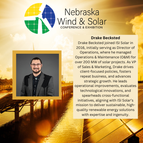 nebraskaWSC's tweet photo. Join us as we spotlight our dedicated Speakers at the Nebraska Wind and Solar Conference.

We are excited to welcome Drake Becksted from ISI Solar!

Don't forget to register! https://t.co/44zEQHZKwZ

#nebraskawindandsolar #windenergy #renewableenergy #solar #wind https://t.co/yw2G3PcXfK