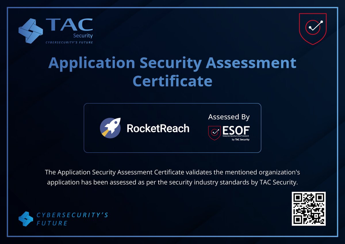 tac_security's tweet image. Big kudos to @RocketReachCo  👏
Certified by TAC Security after a thorough Application Security Assessment via ESOF!
Strong security = strong trust.
#CyberSecurity #TACSecurity #ESOF #ApplicationSecurity
