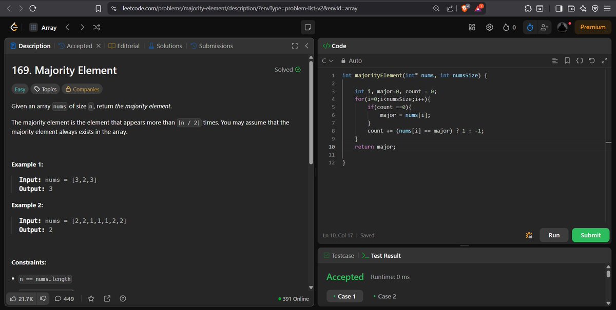 codewithGenZ's tweet image. Day 77🚀: #100daysofcode : #GeeksforGeeks
Today i solved problem on #Leetcode
-Majority Element
#C_language #100daysofchallenge #codinglife #LearnInPublic #learnprogramming #programmer #coder #CodingJourney #codewithGenZ #BuildYourself #Hackathon #Genius #ProblemSolving