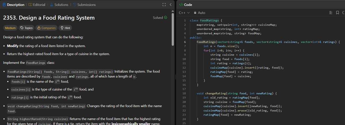xkeycode21's tweet image. 17/09/25 @LeetCode POTD
Late to post because work has been hectic.
store cuisine-&gt;set&lt;rating, food&gt;, food-&gt;rating, food-&gt;cuisine in maps. This way modification becomes logn and for highest we iterate from back find the smallest string and return.
#dsa #Coding