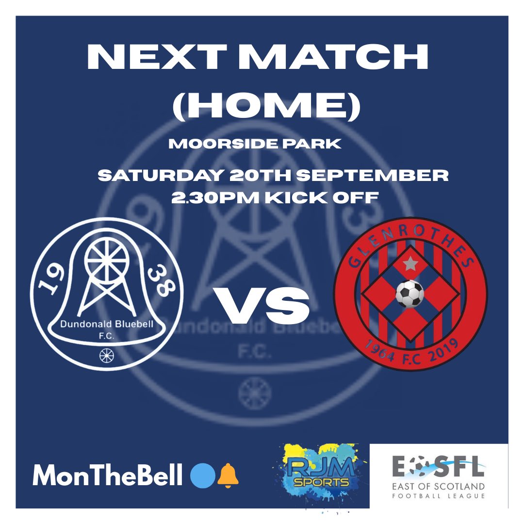 NEXT MATCH | Dundonald vs Glenrothes 

On Saturday we host Glenrothes in another Fife derby in the EOSFL Premier Division

🆚 <a href="/GlenrothesFC/">Glenrothes FC</a> 
📅 SAT 20th Sep
⏰ 2.30 pm Kick off 
🏟️ Moorside Park

Premier club cards are valid on Saturday, Come and support the boys

MonTheBell 🔵🔔
