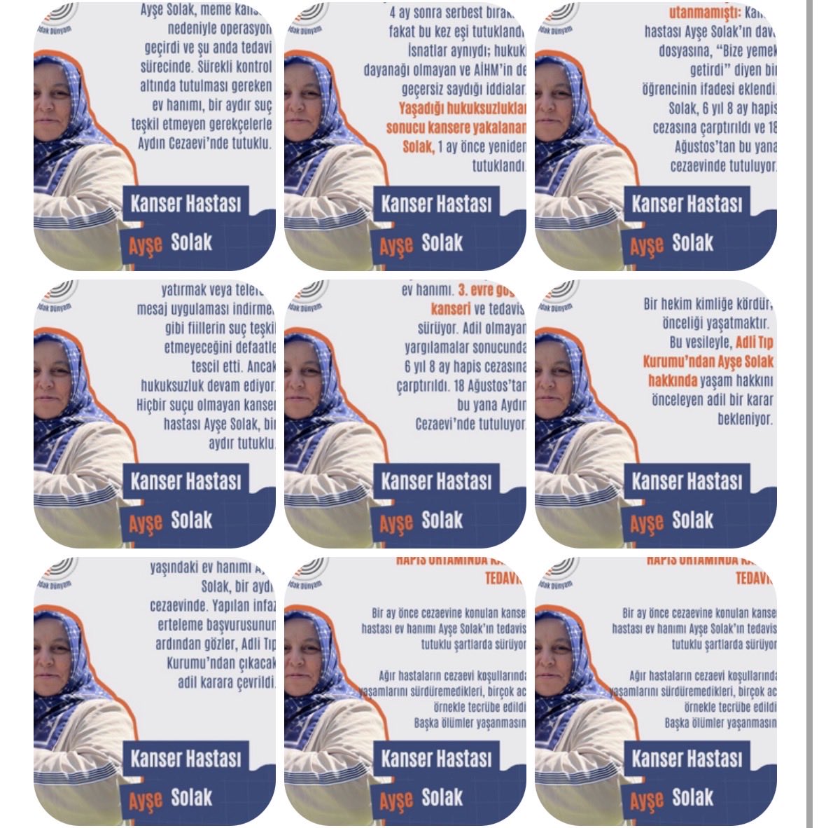 Kanser hastası Ayşe Solak, 3. evre göğüs kanseri tedavisi görmesine rağmen Aydın Cezaevi’nde tutuluyor.
Adil olmayan yargılamalar sonucu 6 yıl 8 ay hapis cezasına çarptırıldı.
Cezaevi koşullarında tedavi sürdürülemez!

AyşeSolak KanserVeTutuklandı