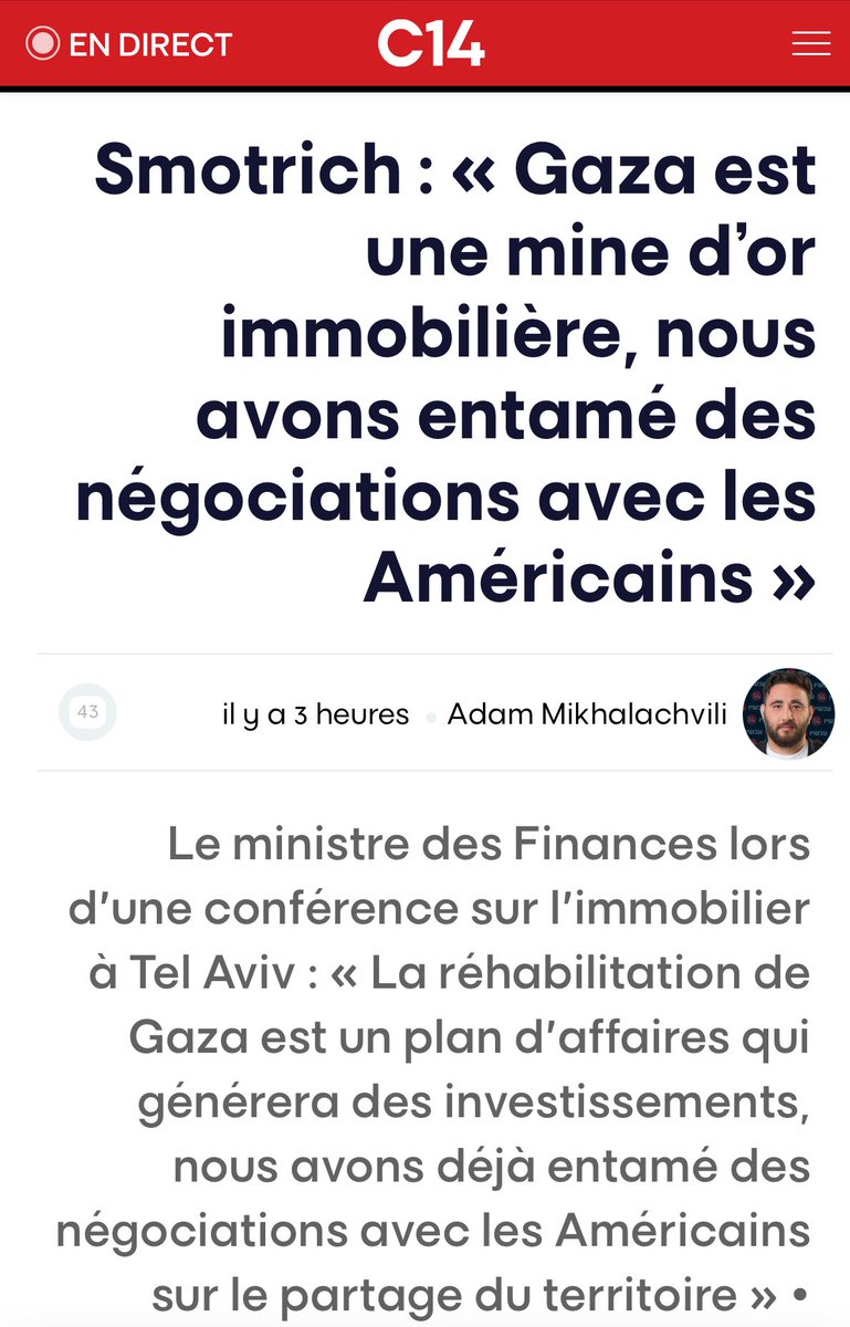 🇮🇱🇺🇸🇵🇸 FLASH 

« Gaza est une mine d’or immobilière, nous avons entamé des négociations avec les Américains sur le partage du territoire » a déclaré le ministre Smotrich lors d'une conférence sur l'immobilier à Tel Aviv.