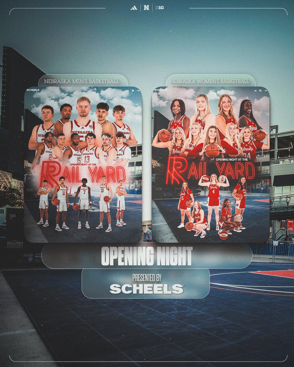 Huskers's tweet photo. Friday night lights, Husker Hoops style 🏀

Opening Night presented by @SCHEELS tips off this Friday at 6:30pm CT in the Rail Yard!

Come hang with @HuskerMBB + @HuskerWBB, snag a team poster &amp; enjoy a free night of Big Red Basketball. https://t.co/DqKHHme6T1