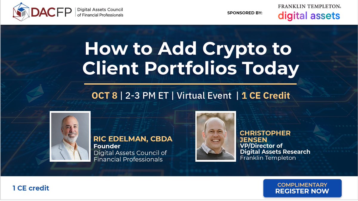 Advisors need to know how digital assets fit into portfolios today. I will  be joined by Christopher Jensen of @FTDA_US on Oct. 8 at 2pm ET for a free  webinar with 1