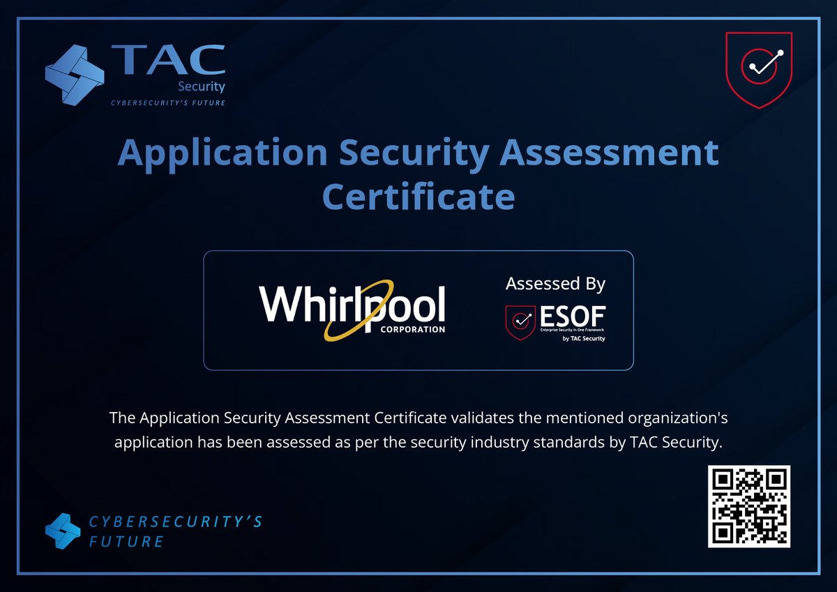 tac_security's tweet image. Another secure application in the ecosystem ✅
Congrats to @WhirlpoolCorp  Corporation for earning their TAC Security App Security Certificate through #ESOF.
Together, we protect the future. 🔐
#TACSecurity #CyberResilience #SecureApps