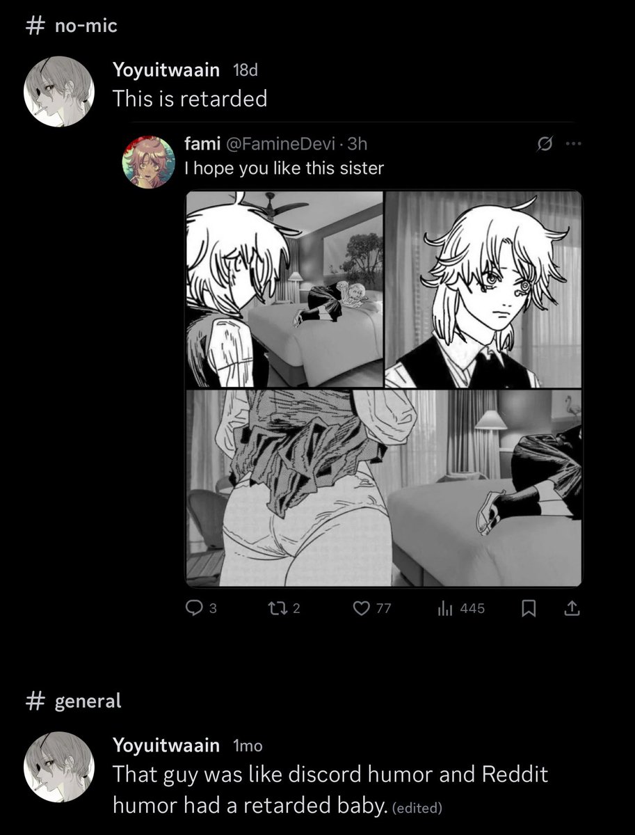 denjilovesgurls's tweet image. Doing a short little thread exposing @/ Asacatlover’s behavior. Some of the claims / statements have been said by the individual on numerous discord voice calls. 
1. the usage of slurs, while most of it has been said on a VC, i have photos of him saying these things in my server.