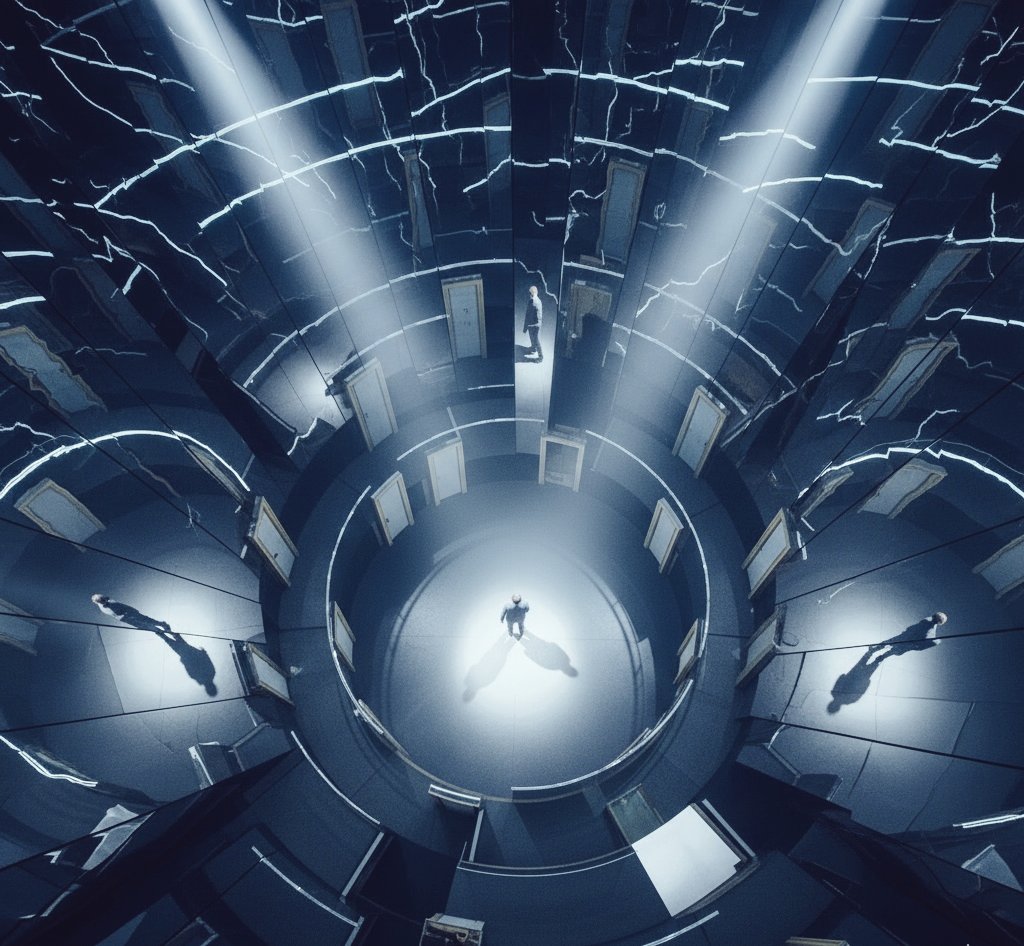 d_objective_eye's tweet image. Trapped in a glass maze of infinite choices, reflected selves everywhere. Is this destiny, or just echoes of paths never taken? The labyrinth reveals reality's ultimate paradox. 

#LifeConundrums #GlassMaze #RealityCheck
