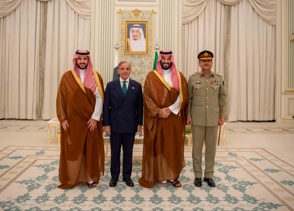Crown Prince and Prime Minister of Saudi Arabia H.R.H. Muhammad bin Salman bin Abdulaziz Al Saud, Defence Minister of Kingdom of Saudi Arabia H.R.H. Khalid bin Salman Al Saud, Prime Minister Muhammad Shehbaz Sharif and Field Marshal, Syed Asim Munir Chief of Army Staff in a photo