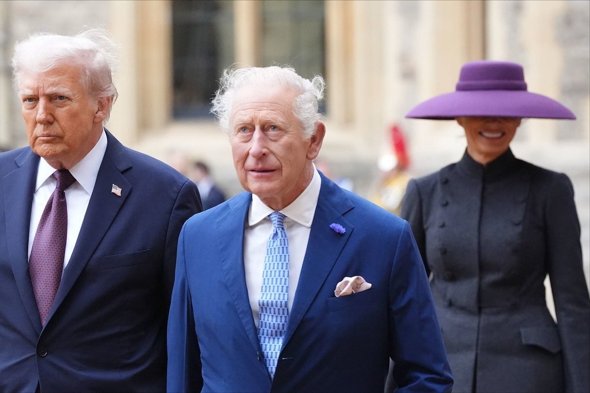 King Charles III and <a href="/realDonaldTrump/">Donald J. Trump</a> arrive for the ceremonial welcome at Windsor Castle, Berkshire, accompanied by Queen Camilla and <a href="/FLOTUS/">First Lady Melania Trump</a> .  #statevisit #sonyalpha #potus #flotus