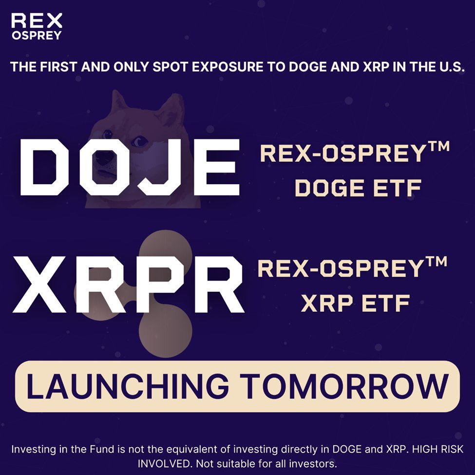 hasbithegreat's tweet photo. Launching Tomorrow: REX-Osprey™ XRP ETF, $XRPR, &amp; REX-Osprey™ DOGE ETF, $DOJE.

The first U.S.-listed ETFs offering spot exposure to $XRP and $DOGE go live tomorrow, offering investors a way to access these digital assets through an ETF structure. https://t.co/NrWakjYIkI