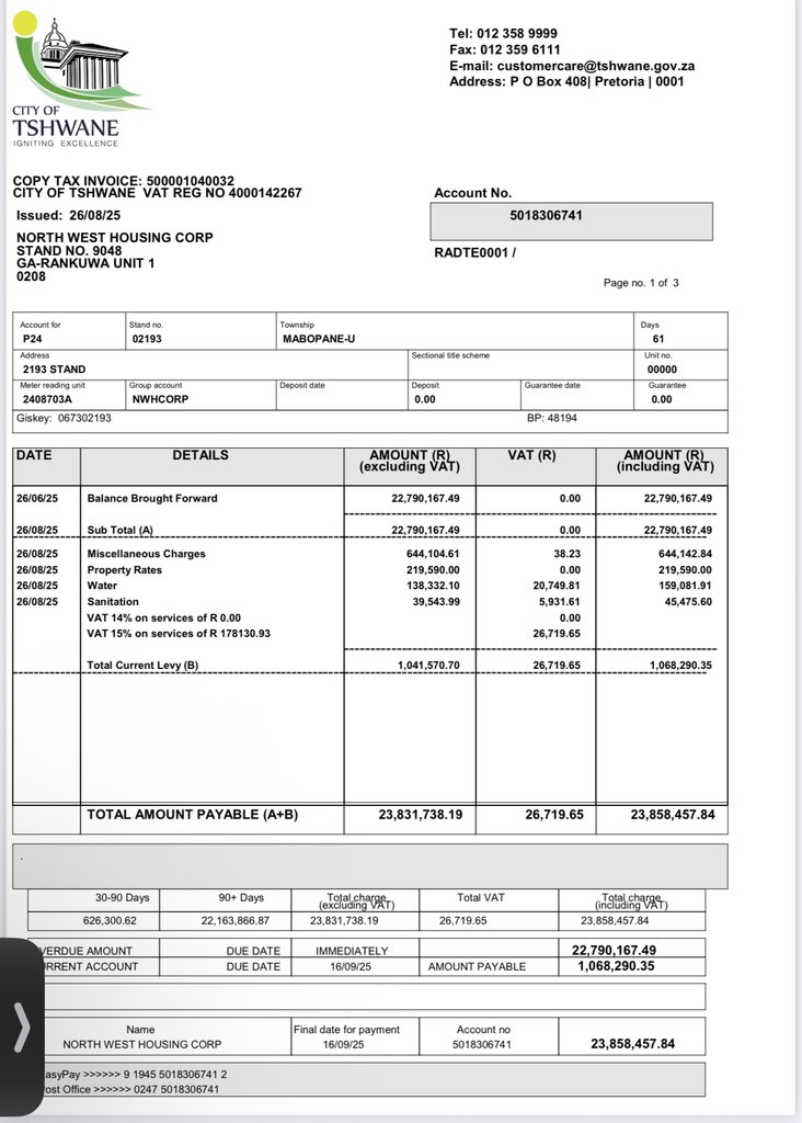 A copy of the <a href="/CityTshwane/">City of Tshwane</a> municipal bill on the property that ANC Tshwane Deputy Mayor Bonzo Modise’s business leases for a nominal amount from the North West government. R23 million arrears for 90 days plus. No cut off of Mzansi Resorts. But everyone else must pay.