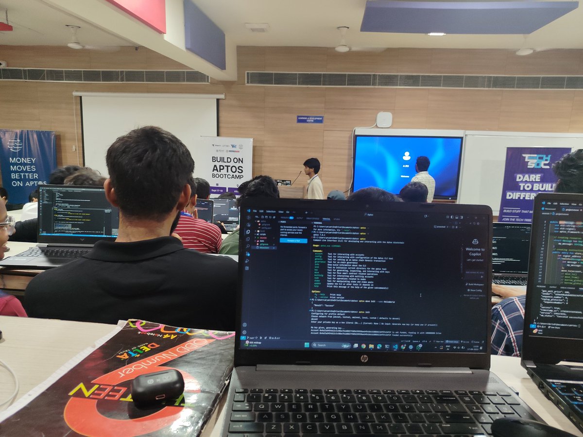 aryan57400's tweet image. 🚀 Day 1 of the #BuildOnAPTOS Bootcamp wrapped up with hands-on learning in Blockchain Dev, Smart Contracts, Web3 &amp;amp; Move Programming!

Big thanks to coordinators Aditey Mehra &amp;amp; Caleb Chandrashekhar, Geek Room volunteers, and KRMU faculties Ms. Jyoti &amp;amp; Ms. Meenu + IQAC 👏)
