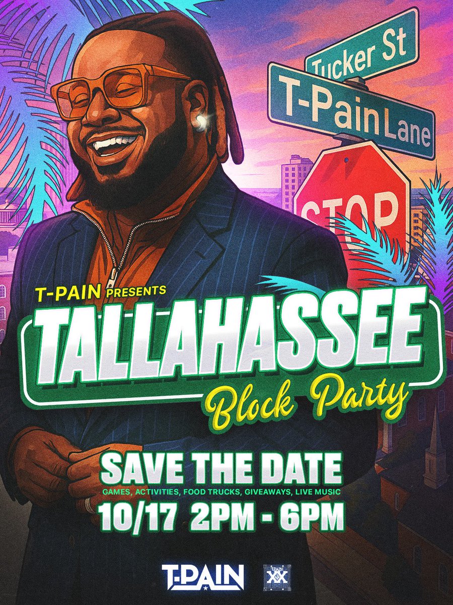 I’m coming home! Come hang with me FOR FREE on T-Pain Lane on 10/17 🎉 We’re shutting the block down and hosting games, activities, karaoke, food, music and more to celebrate and give back to the community that helped me get to this 20 year milestone 🙏🏿