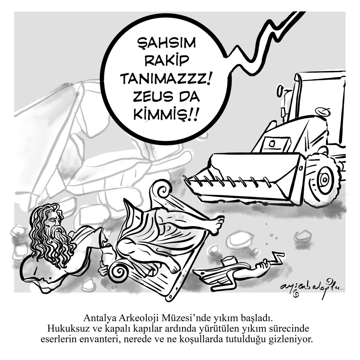 muzirorg's tweet photo. “Antalya Arkeoloji Müzesi’nde yıkım başladı. Hukuksuz ve kapalı kapılar ardında yürütülen yıkım sürecinde eserlerin envanteri, nerede ve ne koşullarda tutulduğu gizleniyor.” 
@aysenbaloglu çizdi.
https://t.co/nRA8dfux4u https://t.co/OWZ6NcC0FB