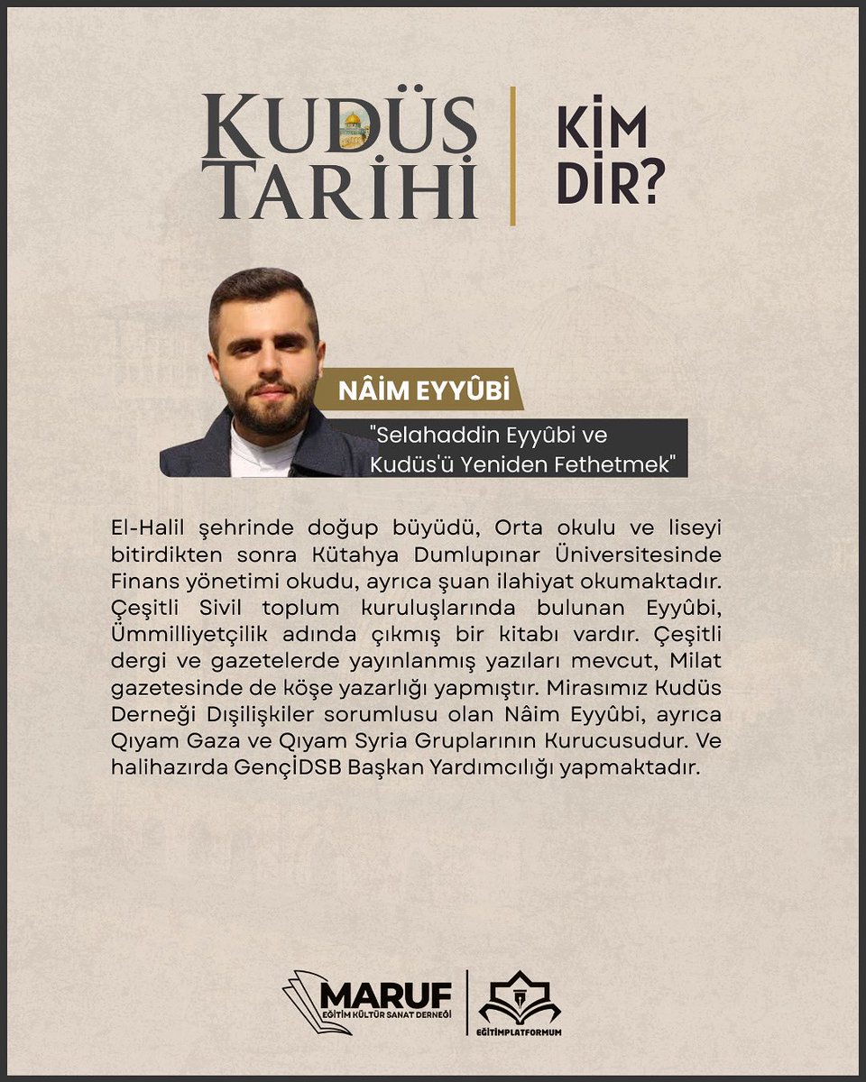 Kudüs Tarihi programında kıymetli Nâim Eyyûbi, "Selahaddin Eyyûbi ve Kudüs'ü Yeniden Fethetmek" başlıklı sunumuyla bizlerle olacak.

Kıymetli hocalarımızın katılımlarıyla gerçekleşecek programımıza hepiniz davetlisiniz.

Başvuru ve detaylı bilgi için 
forms.gle/WtdeDRpeZn1Xtf…
