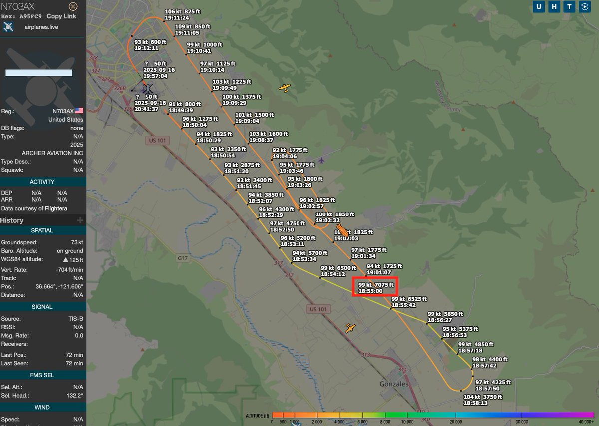 LouisBourse's tweet image. $ACHR 19th piloted flight of N703AX, September 17
➡️🚨Maximum recorded altitude: 7050 feet🚨👀
➡️Previous flights averaged a maximum altitude of 2000 feet
@ArcherAviation 🇺🇸