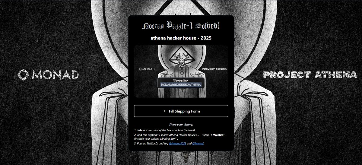 Too_harshk's tweet image. I solved Athena Hacker House CTF Riddle-1 (Noctua) -[MONAD865355552ATHENA]

@AthenaF0SS @monad