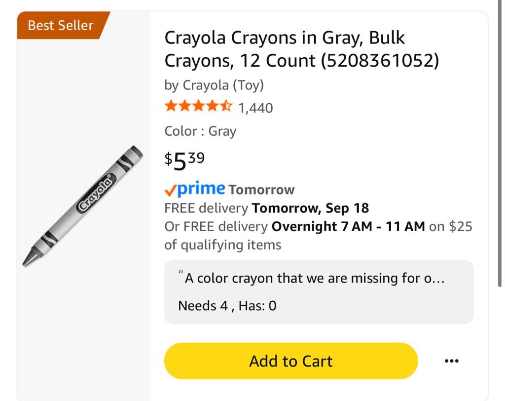 One of my amazing kiddos realized we were missing gray crayons to complete our projects! Who can help with a pack?! #clearthelist 

amzn.to/3joJ3w7