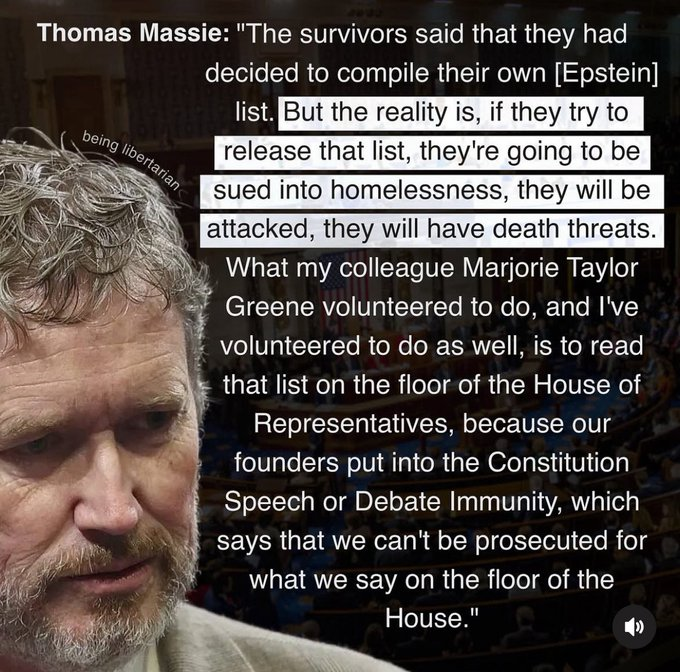 <a href="/allenanalysis/">Brian Allen</a> <a href="/lukelivingood/">Luke</a>: Help me out -- two weeks ago, Tom committed to reading the names of the Epstein perpetrators on the floor of Congress where Tom would have immunity.  Based on the specificity provided in today's hearing, he apparently now has a list of 20 individuals.

Question: