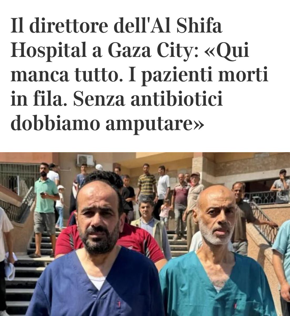 ProfMBassetti's tweet image. I fatti che si stanno verificando a Gaza, sono crimini contro l’umanità. Hanno anche ucciso un medico che era lì per aiutare. Lasciare un paese senza acqua, senza cibo e senza antibiotici è davvero criminale. Siamo di fronte a uno sterminio di massa che non si era mai visto in