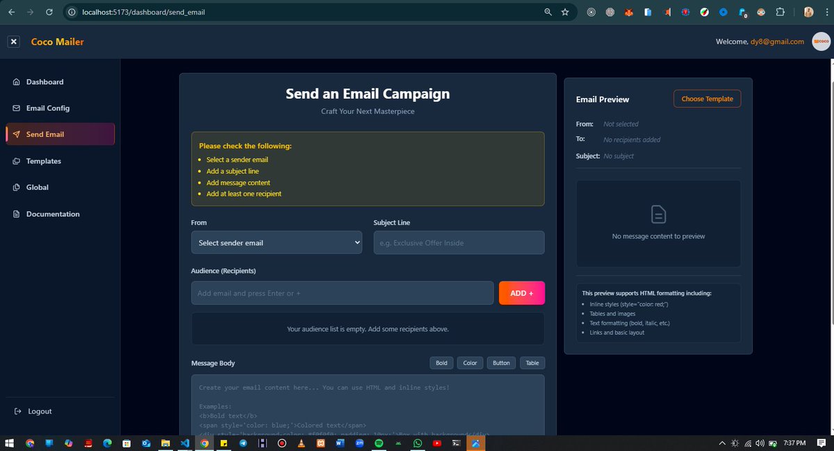 dy_coder_'s tweet image. Sup guyss 🤎
Quick update on Project COCO! 
✨ Added email verification Functionality
✨ Improved the Dashboard UI
Big shout-out to [@yellowdudecodes ] who worked on CocoMailer before I jumped in 👏
Here are some code/preview shots Check out CocoMailer 👉 coco-mailer.vercel.app