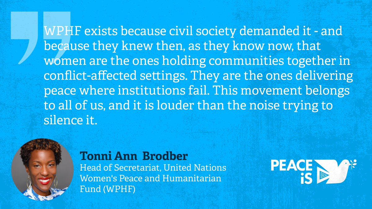 "We can't stop having the 🗨️ that matter, the ones that insist that peace &amp; security are impossible without women at the table." - <a href="/caribanuck/">Tonni Brodber</a>, Head of the <a href="/wphfund/">Women's Peace & Humanitarian Fund</a> Secretariat

That's why our #PeaceIs Campaign is so timely: to spotlight the vital work of women on the frontlines.