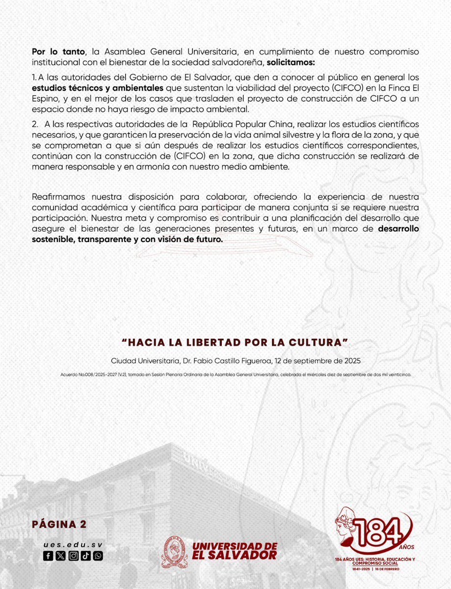 Voz Pública (@vozpublicavp) on Twitter photo 🔴La Asamblea General Universitaria de la <a href="/UESoficial/">Universidad de El Salvador - UES</a> expresó preocupación por la construcción del #NuevoCIFCO en la Finca El Espino
📌Señala falta de estudio de impacto ambiental, riesgo para la zona de recarga hídrica y tala de cientos de árboles.
📢 Pide trasladar el proyecto 🔴La Asamblea General Universitaria de la <a href="/UESoficial/">Universidad de El Salvador - UES</a> expresó preocupación por la construcción del #NuevoCIFCO en la Finca El Espino
📌Señala falta de estudio de impacto ambiental, riesgo para la zona de recarga hídrica y tala de cientos de árboles.
📢 Pide trasladar el proyecto