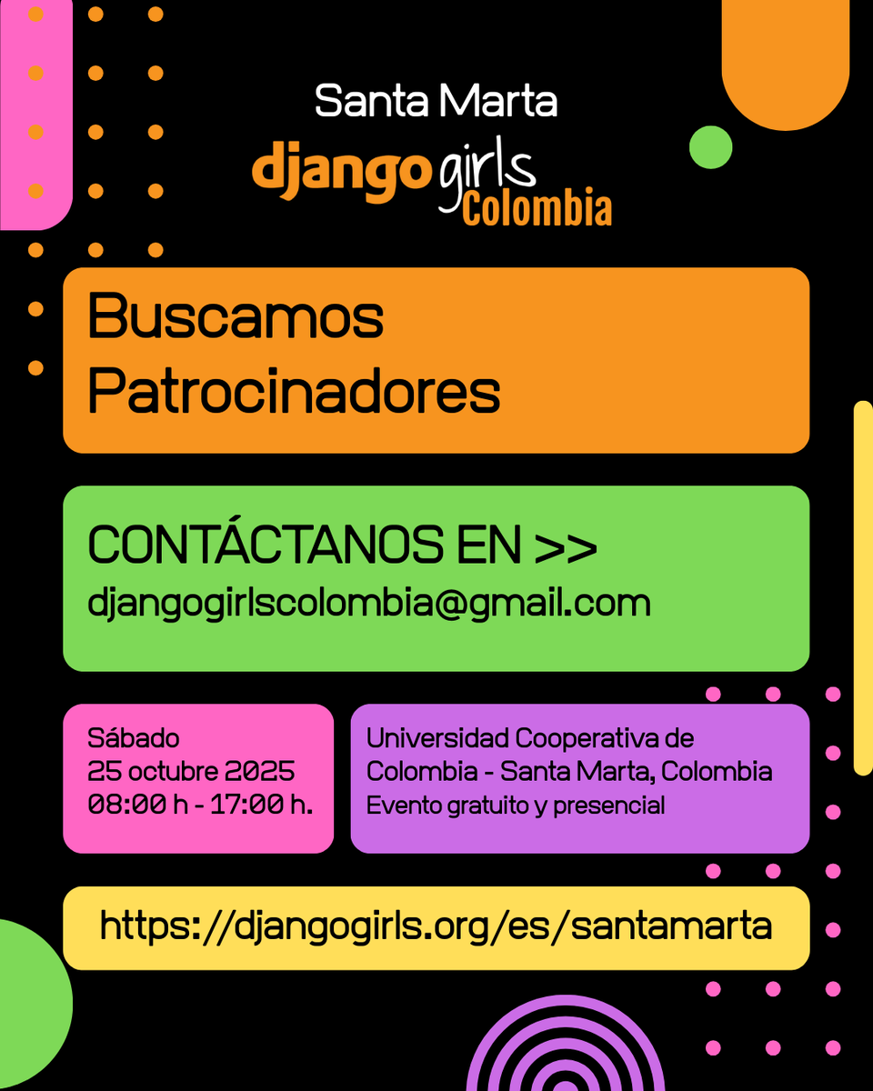 DjangoGirls Colombia (@djangogirlsco) on Twitter photo ¡Buscamos patrocinadores para Django Girls Santa Marta! 🌟
Ayúdanos a seguir creando espacios gratuitos donde más mujeres puedan aprender a programar. 👩💻🧡
📩 djangogirlscolombia@gmail.com
🌐 djangogirls.org/en/santamarta/
#DjangoGirls #MujeresEnTecnología ¡Buscamos patrocinadores para Django Girls Santa Marta! 🌟
Ayúdanos a seguir creando espacios gratuitos donde más mujeres puedan aprender a programar. 👩💻🧡
📩 djangogirlscolombia@gmail.com
🌐 djangogirls.org/en/santamarta/
#DjangoGirls #MujeresEnTecnología