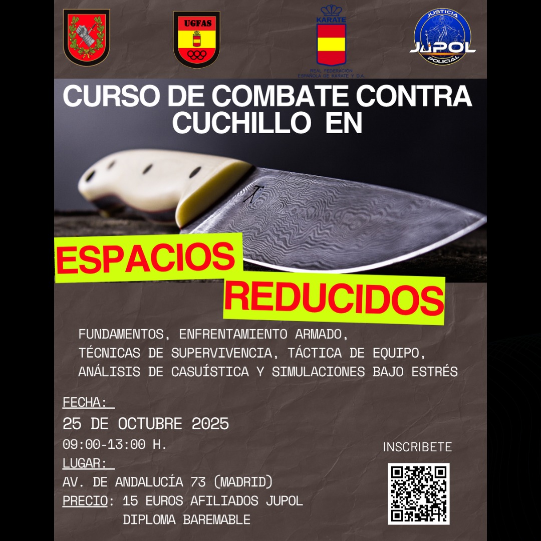 UGFAS_'s tweet image. 🔪 Curso de Combate contra Cuchillo en Espacios Reducidos
🗓 25/10/2025 | 📍 Madrid | ⏰ 09:00-13:00 h
✅ Técnicas de supervivencia
✅ Táctica de equipo
✅ Simulaciones bajo estrés
💶 15 € afiliados JUPOL | 📜 Diploma baremable
#UGFAS #JUPOL #FormaciónTáctica