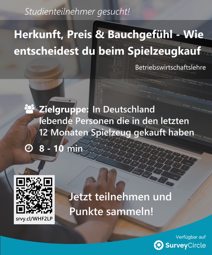 top_studies's tweet image. Teilnehmer gesucht für top-platzierte Online-Studie:

"Herkunft, Preis &amp;amp; Bauchgefühl – Wie entscheidest du beim Spielzeugkauf" surveycircle.com/WHF2LP/ via @SurveyCircle

#spielzeug #konsumentenforschung #produktmerkmale #entscheidung #einflüsse #umfrage #surveycircle