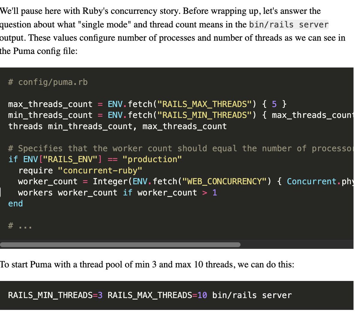 bhumi1102's tweet image. Wrote about Ruby web servers and concurrency for this week&apos;s newsletter - Puma, Unicorn, Falcon.

A beginner friendly primer (defining process, thread, concurrency, parallelism, Ruby GVL, etc.)