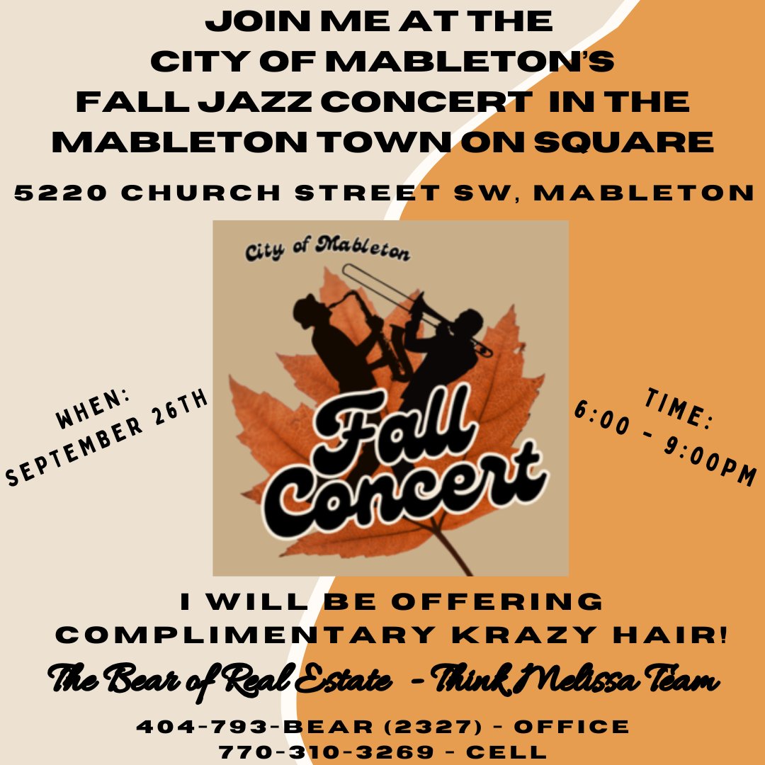 ThinkMelissaRE's tweet image. Would love to see you on 09/26 at the Fall Jazz Concert in Mableton. 📷📷📷

Swing by our booth for complimentary Krazy Hair, for the kiddos, and fun giveaways.

#FallJazzConcert
#Fall
#Mableton
#Cobb
#JazzConcert
#KrazyHair
#CommunitySupporters
#VeteranOwned