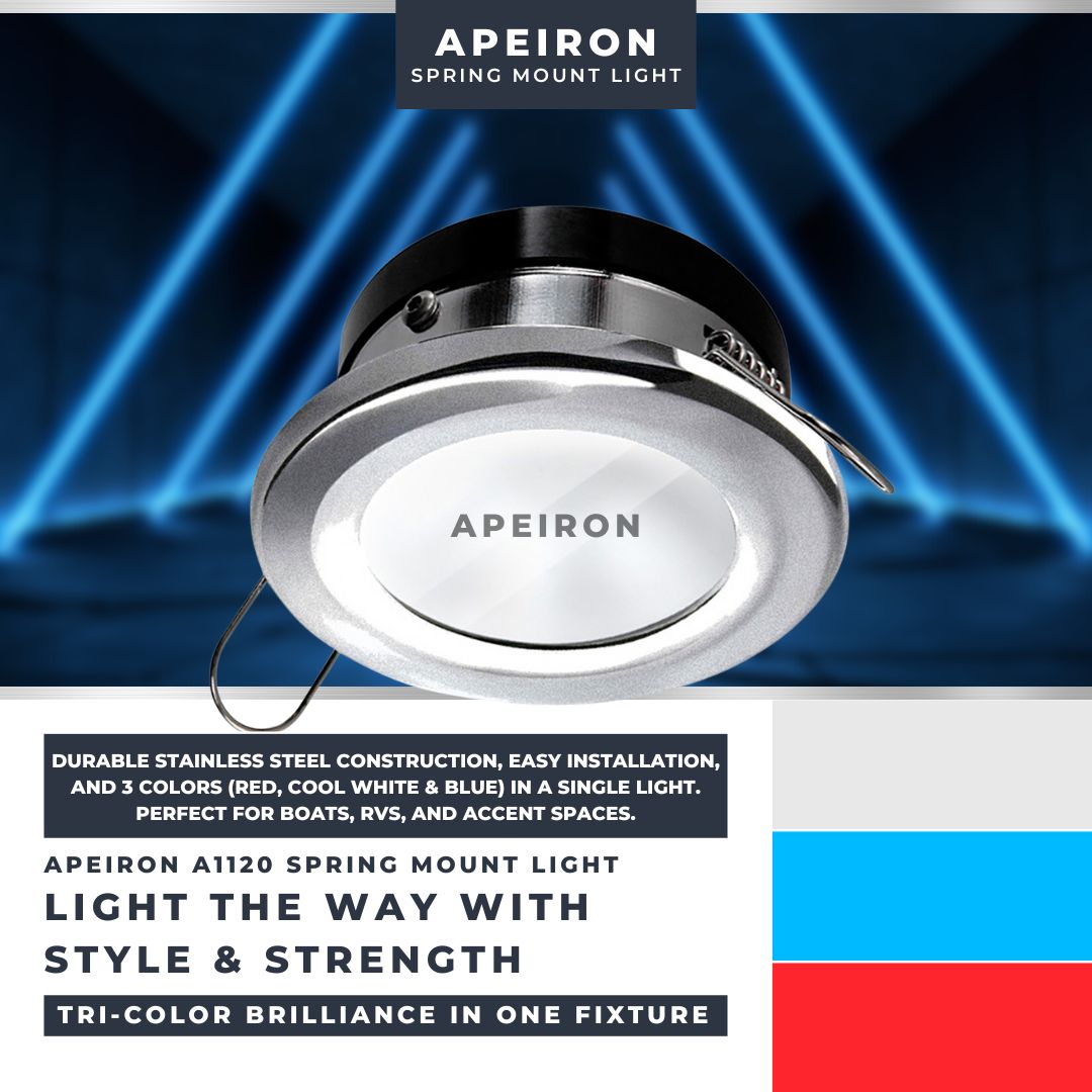 ProprideM's tweet image. 💡 Set the mood on the water with the Apeiron A1120 Light ⚓
✔️ 3-in-1 color: Red, Cool White &amp;amp; Blue
✔️ Easy spring mount install
✔️ Durable stainless steel
Shop now → FREE Shipping $99+ 🛒
#ProPrideMarine #BoatLighting #MarineUpgrades
