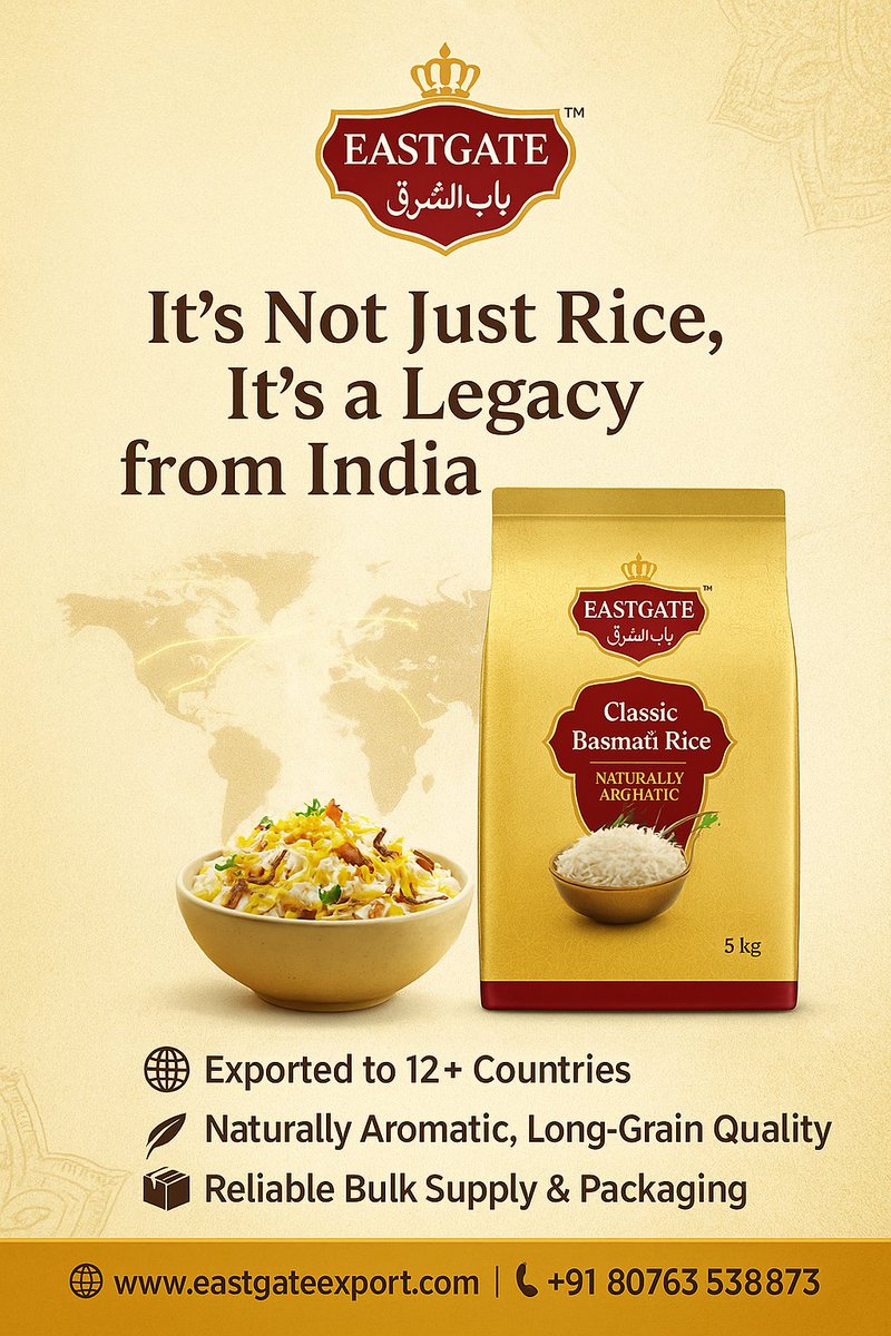 EastgateExport's tweet photo. Partner with Eastgate Export Pvt Ltd, your trusted Basmati rice manufacturer &amp; exporter from India. #EastgateExport #BasmatiRice #RiceExporter #IndianRice #GlobalTrade #FoodExport #PremiumBasmati #LongGrainRice #RiceImport #BulkSupply #PrivateLabelRice #RiceBusiness https://t.co/Xj8w7yen2R