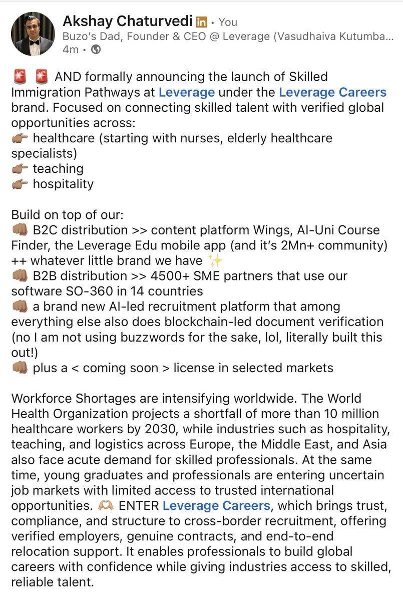 Akshay001's tweet photo. Announcing Leverage’s entry into Skilled Immigration Pathways under the @leveragecareers brand 👩🏻‍🎓 >>👩‍⚕️ 👩‍🏫 🧑‍🍳 https://t.co/t0pOgL1y1u