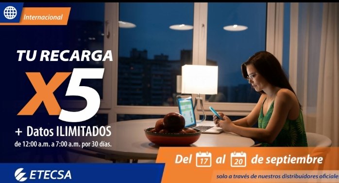 Del 17 al 20, si te recargan entre 600 y 1250 CUP desde el extranjero,  se quintuplica tu saldo principal + datos ilimitados todas las noches por 30 días!  Disponible solo con distribuidores internacionales oficiales. #RecargaInternacional