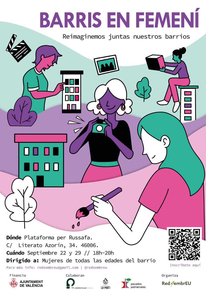 Reimaginem juntes els nostres barris és un espai on compartir el que vivim en els nostres barris, reflexionar sobre el que sentim i crear juntes des de les nostres experiències.

📍 Literat Azorín, 34. València.
🗓️ dilluns 22 i dilluns 29 de setembre. 18-20h