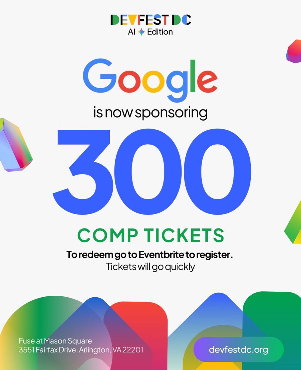 BBMPROGRAMDC's tweet image. HUGE NEWS! 🚨🚨
Google is sponsoring 300 FREE tickets to DevFest DC: AI Edition for the next 300 people who register💡🌐
This is your chance to join one of the biggest developer events in the Washington DC area at absolutely no cost.
linktr.ee/devfestdc 👈️