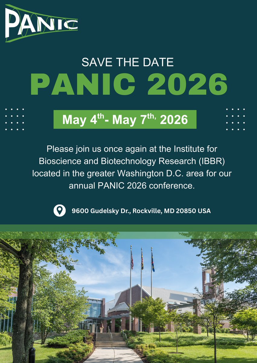panicnmr's tweet photo. SAVE THE DATE for @panicnmr 2026!
May 4th - 7th at @UMD_IBBR 

Please join us once again at the IBBR campus for #PANICNMR2026 

Stay tuned for more information about registration, abstract submission, student travel grants, etc...

https://t.co/DzvRY3U86D https://t.co/2S0QlG7yke