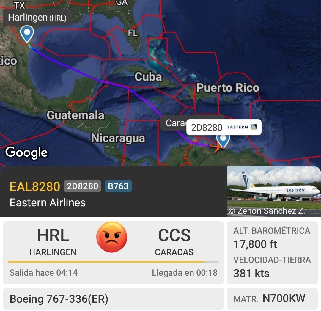 GRamsey_LatAm's tweet photo. To those keeping track, the answer to this question (will #Venezuela pause its twice-weekly cooperation with @POTUS’ deportation priorities?) is no. Today’s ICE Air deportation flight landed in Caracas without incident. h/t @Arr3ch0 https://t.co/NtkjhyLFfK