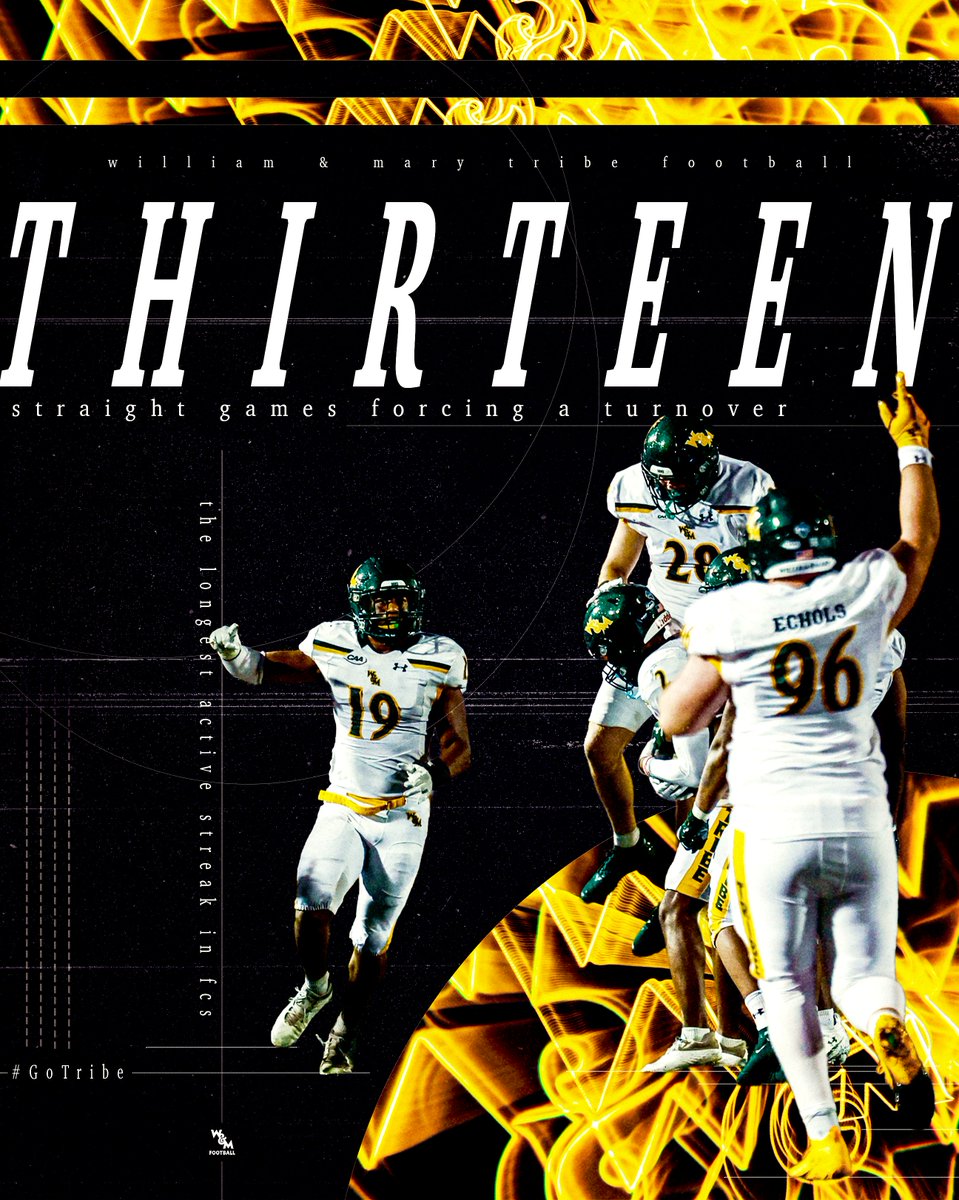 William & Mary Tribe Football (@wmtribefootball) on Twitter photo ๐ 13 straight games forcing a turnover - the longest active streak in the FCS!
#GoTribe ๐ 13 straight games forcing a turnover - the longest active streak in the FCS!
#GoTribe