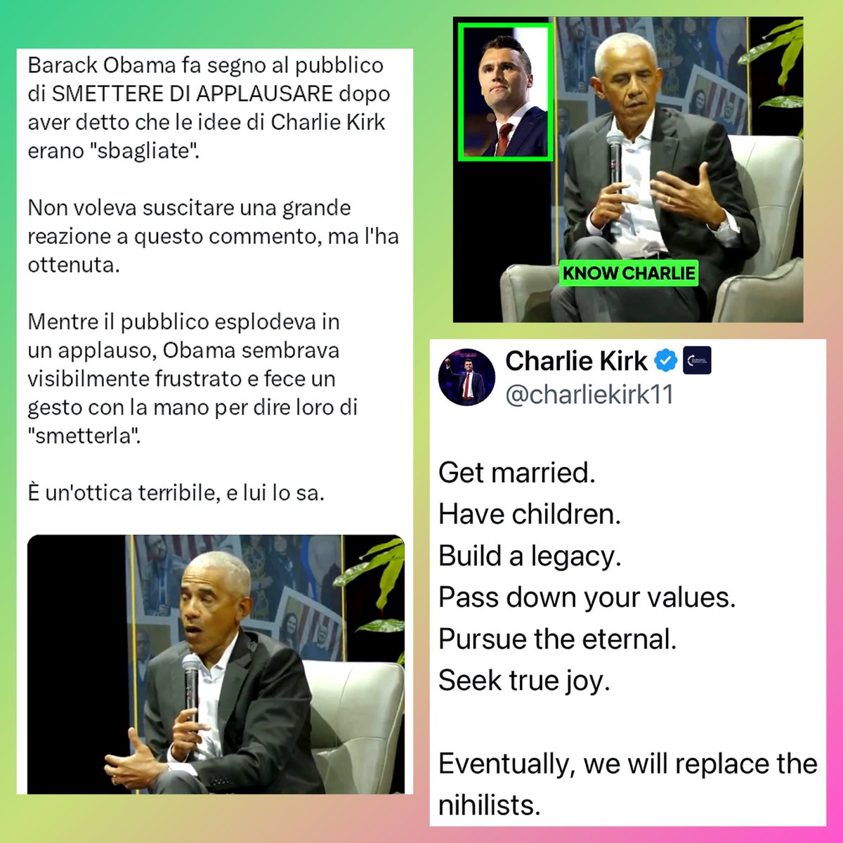 sborzu's tweet image. Un canuto quanto scimmiesco Obama prova istintivamente un moto di vergogna nel saggiare il nichilismo della sua platea.

#CharlieKirk #Valoris #ValueBasedCare